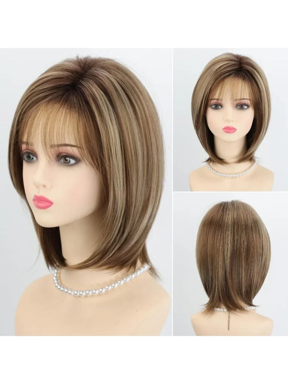 Women's Brown Blonde 12 Inch Mid Length Heat Synthetic Straight Layered Bob Wigs